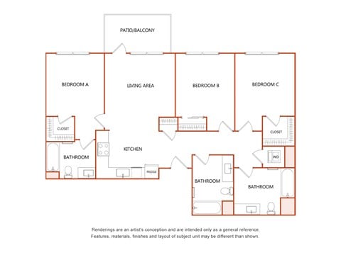 Floor plan for 3 beds, 3 baths, 1421 sqft